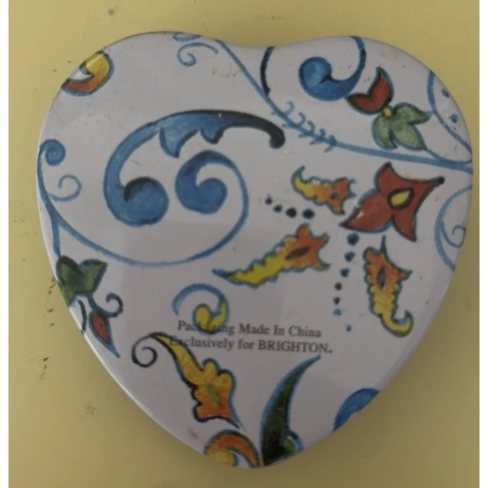 Brighton Heart Shaped Jewelry Tin Box Blue Floral Scroll Trinket Gift Box